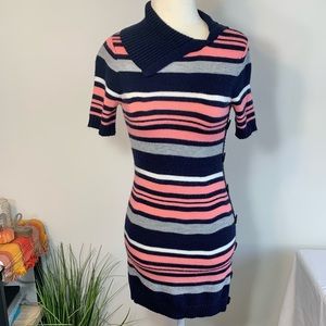 Girl 14 knit sweater dress asymmetrical collar button side blue pink acrylic